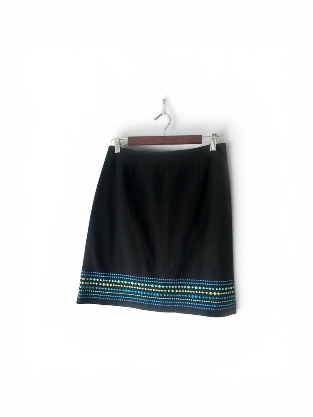 Geoffrey Beene Black Pencil Skirt with Blue and Green Hem Dots